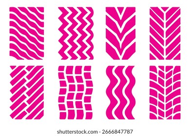 Vector de las Pistas del neumático del coche, diseño del icono. Bandajes de neumáticos, silueta de marcas de la banda de rodadura para automóviles y vehículos. Rastros de neumáticos de ruedas, motocicleta, Pistas de la banda de rodadura del coche, iconos aislados de carreras de vehículos. Ilustración vectorial
