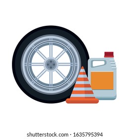 car tire with traffic cone and oil bottle over white background, colorful design, vector illustration