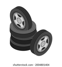 Car Tire or Tyre as Ring-shaped Component of Wheel Rim Piled Isometric Vector Illustration