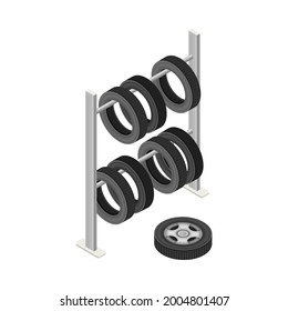 Car Tire or Tyre as Ring-shaped Component of Wheel Rim Hanging on Rack Isometric Vector Illustration