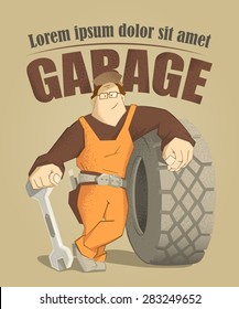 Car tire tyre service illustration poster. Strong smile man holding wrench and big wheel.