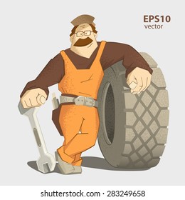 Car tire tyre service illustration. Strong smile man holding wrench and big wheel.