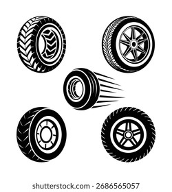 Ícones de vetor de pneu de carro definidos com jantes de roda e design de movimento em estilo de silhueta preta