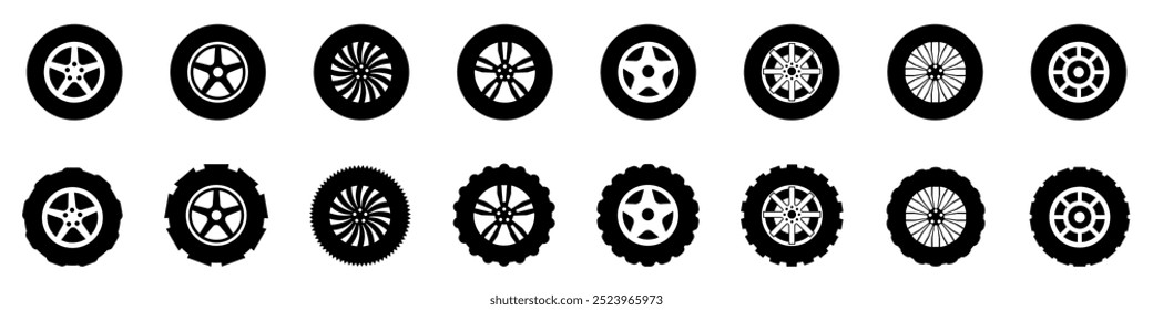 Ícone de pneu e roda de carro, ícone de pneu preto e aro de roda. Ilustração vetorial.
