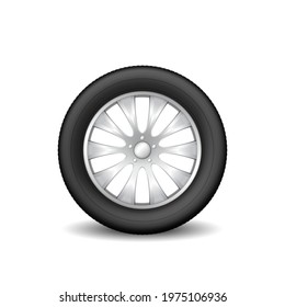 Car tire wheel isolated on white background. Realistic rubber protector and metal disk for summer or winter vehicle with shadow. 3d vector illustration
