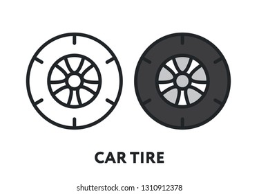 Car Tire Wheel Repair Service. Vector Flat Line Stroke Icon