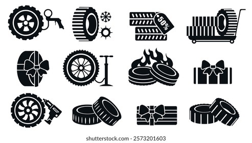 Car tires black icons. Wheel disk with rubber pressure gauge and mechanic tools, automobile tire repair service flat icons. Vector isolated set.