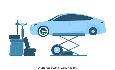 Car tires change in repair garage station vector illustration. Cartoon isolated vehicle on lift of auto mechanic service center for balance and rubber tyre tuning, diagnostics of wheels on workshop