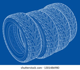 Car tires concept. Vector rendering of 3d. Wire-frame style. The layers of visible and invisible lines are separated