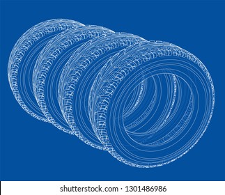 Car tires concept. Vector rendering of 3d. Wire-frame style. The layers of visible and invisible lines are separated