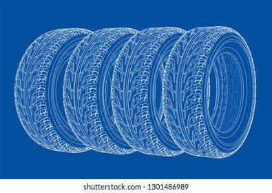 Car tires concept. Vector rendering of 3d. Wire-frame style. The layers of visible and invisible lines are separated