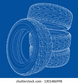 Car tires concept. Vector rendering of 3d. Wire-frame style. The layers of visible and invisible lines are separated
