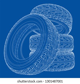 Car tires concept. Vector rendering of 3d. Wire-frame style. The layers of visible and invisible lines are separated