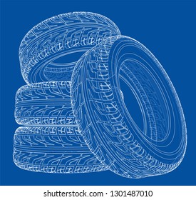 Car tires concept. Vector rendering of 3d. Wire-frame style. The layers of visible and invisible lines are separated