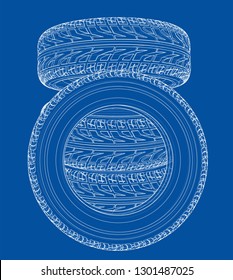 Car tires concept. Vector rendering of 3d. Wire-frame style. The layers of visible and invisible lines are separated