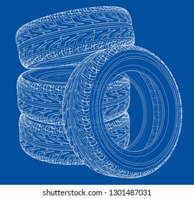 Car tires concept. Vector rendering of 3d. Wire-frame style. The layers of visible and invisible lines are separated