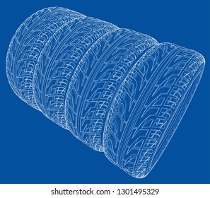 Car tires concept. Vector rendering of 3d. Wire-frame style. The layers of visible and invisible lines are separated