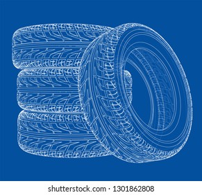 Car tires concept. Vector rendering of 3d. Wire-frame style. The layers of visible and invisible lines are separated