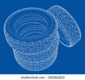 Car tires concept. Vector rendering of 3d. Wire-frame style. The layers of visible and invisible lines are separated