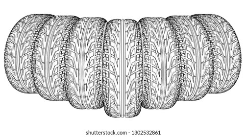 Car tires concept. Vector rendering of 3d. Wire-frame style. The layers of visible and invisible lines are separated