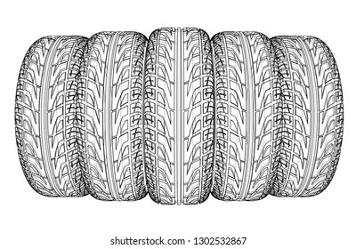 Car tires concept. Vector rendering of 3d. Wire-frame style. The layers of visible and invisible lines are separated