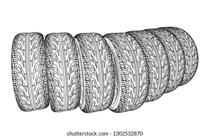 Car tires concept. Vector rendering of 3d. Wire-frame style. The layers of visible and invisible lines are separated