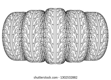 Car tires concept. Vector rendering of 3d. Wire-frame style. The layers of visible and invisible lines are separated