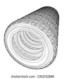 Car tires concept. Vector rendering of 3d. Wire-frame style. The layers of visible and invisible lines are separated