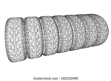 Car tires concept. Vector rendering of 3d. Wire-frame style. The layers of visible and invisible lines are separated