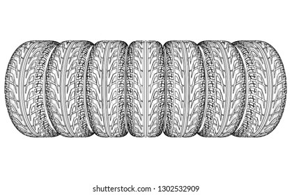 Car tires concept. Vector rendering of 3d. Wire-frame style. The layers of visible and invisible lines are separated
