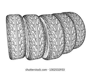 Car tires concept. Vector rendering of 3d. Wire-frame style. The layers of visible and invisible lines are separated