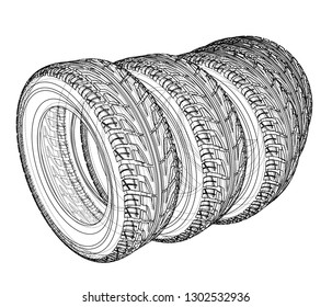 Car tires concept. Vector rendering of 3d. Wire-frame style. The layers of visible and invisible lines are separated