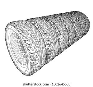 Car tires concept. Vector rendering of 3d. Wire-frame style. The layers of visible and invisible lines are separated