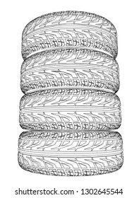 Car tires concept. Vector rendering of 3d. Wire-frame style. The layers of visible and invisible lines are separated