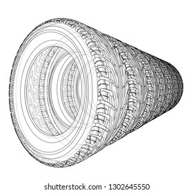 Car tires concept. Vector rendering of 3d. Wire-frame style. The layers of visible and invisible lines are separated