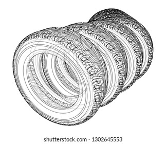 Car tires concept. Vector rendering of 3d. Wire-frame style. The layers of visible and invisible lines are separated