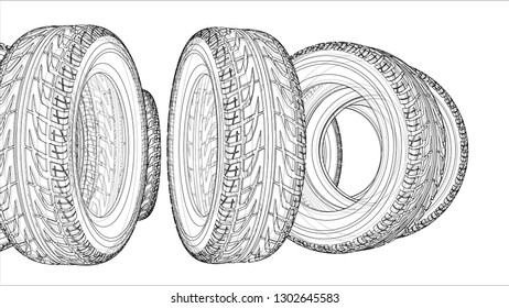 Car tires concept. Vector rendering of 3d. Wire-frame style. The layers of visible and invisible lines are separated