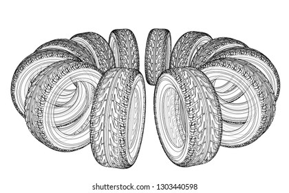 Car tires concept. Vector rendering of 3d. Wire-frame style. The layers of visible and invisible lines are separated