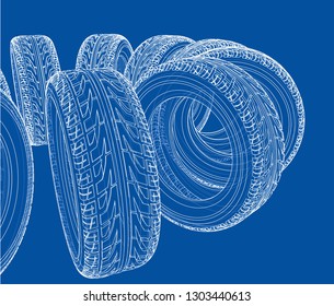 Car tires concept. Vector rendering of 3d. Wire-frame style. The layers of visible and invisible lines are separated