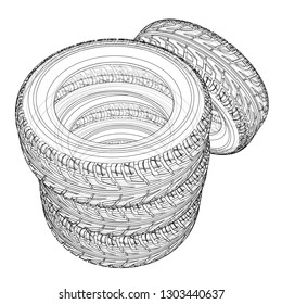 Car tires concept. Vector rendering of 3d. Wire-frame style. The layers of visible and invisible lines are separated