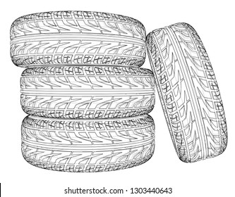 Car tires concept. Vector rendering of 3d. Wire-frame style. The layers of visible and invisible lines are separated