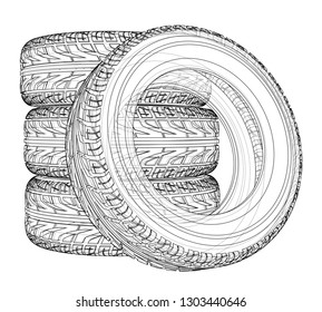 Car tires concept. Vector rendering of 3d. Wire-frame style. The layers of visible and invisible lines are separated