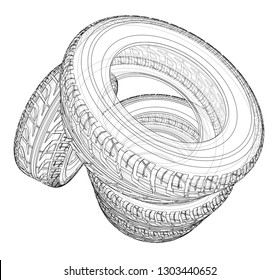 Car tires concept. Vector rendering of 3d. Wire-frame style. The layers of visible and invisible lines are separated