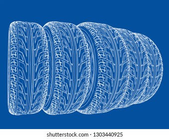 Car tires concept. Vector rendering of 3d. Wire-frame style. The layers of visible and invisible lines are separated