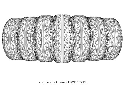 Car tires concept. Vector rendering of 3d. Wire-frame style. The layers of visible and invisible lines are separated