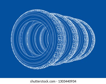 Car tires concept. Vector rendering of 3d. Wire-frame style. The layers of visible and invisible lines are separated