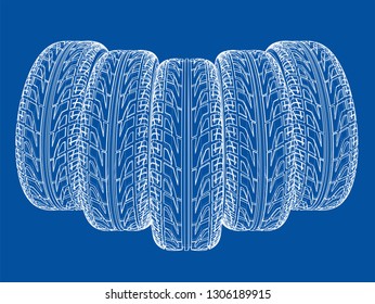 Car tires concept. Vector rendering of 3d. Wire-frame style. The layers of visible and invisible lines are separated