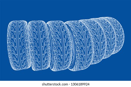 Car tires concept. Vector rendering of 3d. Wire-frame style. The layers of visible and invisible lines are separated