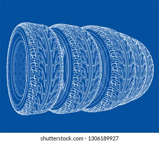Car tires concept. Vector rendering of 3d. Wire-frame style. The layers of visible and invisible lines are separated