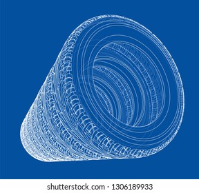 Car tires concept. Vector rendering of 3d. Wire-frame style. The layers of visible and invisible lines are separated
